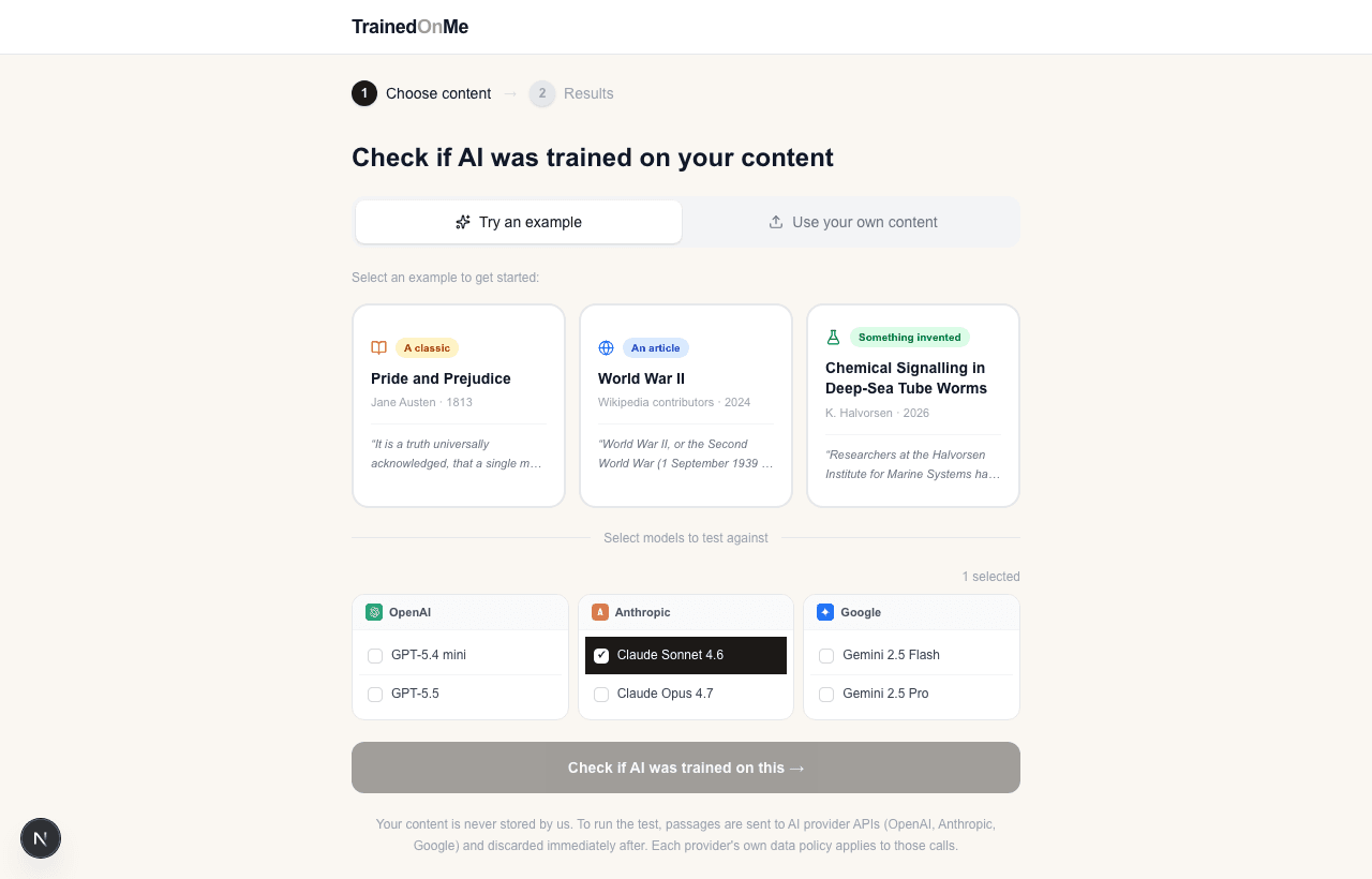 TrainedOnMe upload step showing content selection interface